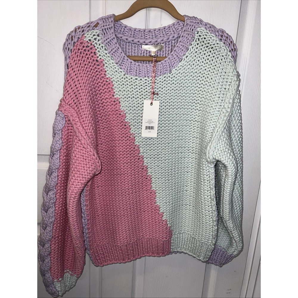 LoveShackFancy ISAIAH PULLOVER Candy‎ Rainbow Pink Lilac Blue Sweater Size L-NWT